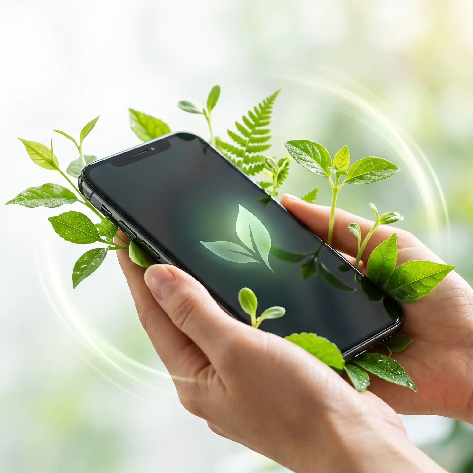 Hands holding a refurbished phone surrounded by fresh green leaves
